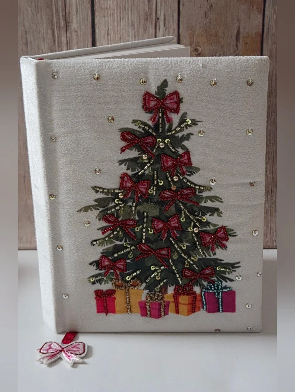 Holiday Velvet Journal with Embellished Christmas Tree Bookmark Included